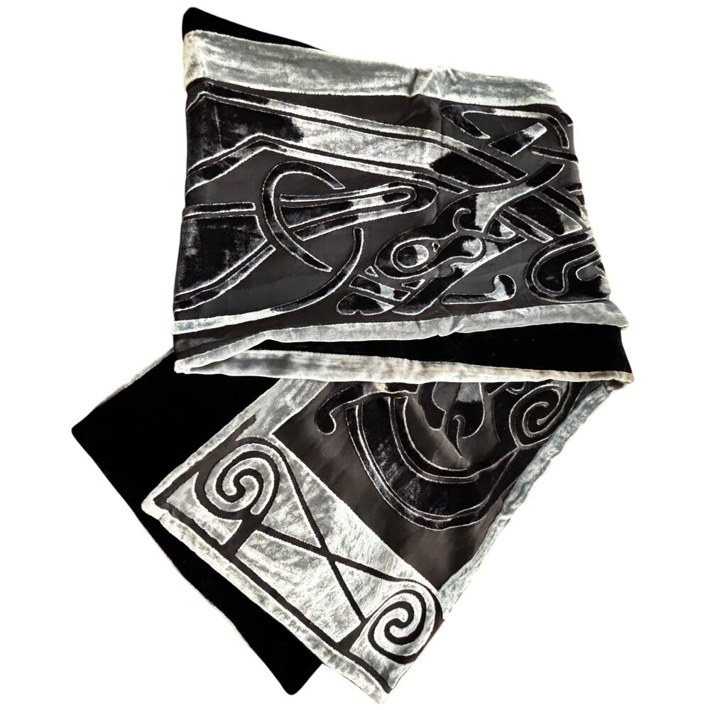 Velvet & Silk burnout style scarf wrap 2-side mod geometric black & silvery gray
